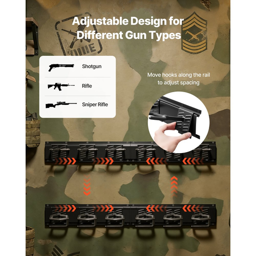 Βάση όπλων VEVOR εσωτερικού χώρου, από χάλυβα βαρέως τύπου, επιτοίχια βάση για τυφέκια και κυνηγετικά όπλα, 8 υποδοχές για μακριά όπλα, θήκη αποθήκευσης όπλων με βίδες, για σπίτι, γκαράζ, γραφείο, κατάστημα λιανικής, καμπίνα κυνηγιού, τοίχο