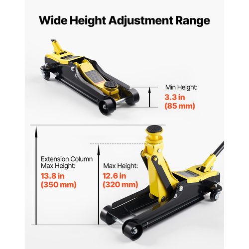 Γρύλος δαπέδου χαμηλού προφίλ VEVOR, χωρητικότητας 2,5 τόνων, ατσάλινος αγωνιστικός γρύλος δαπέδου με αντλία γρήγορης ανύψωσης μονού εμβόλου και υπερυψωμένη σέλα, υδραυλικός ανυψωτήρας καροτσιού για σπορ αυτοκίνητα, SUV, εύρος ανύψωσης 85-350 mm