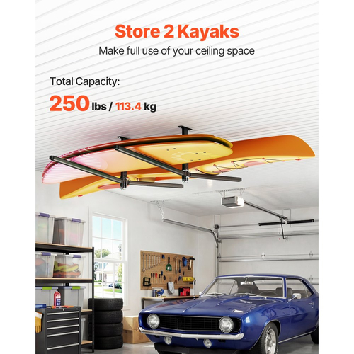Ράφι αποθήκευσης καγιάκ VEVOR για 2 καγιάκ, Χωρητικότητα έως 113,4 kg, Ρυθμιζόμενη βάση οροφής βαρέως τύπου για τοποθέτηση σε οροφή γκαράζ, Κρεμάστρα αποθήκευσης γκαράζ για κανό, σκάλα, SUP, σανίδα του σερφ και σανίδα paddleboard