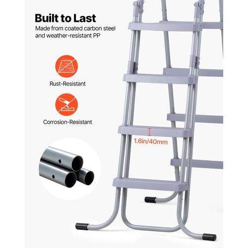 VEVOR Υπέργεια Σκάλα Πισίνας, 4 Σκαλοπάτια από Χαλύβδινο Πλαίσιο Α για Τοίχο Ύψους 132,1 cm, Χωρητικότητα 136 kg Σκαλοπάτια Εισόδου/Εξόδου με Ασφαλές Αντιολισθητικό Ανθεκτικό Πλατύ Σκαλοπάτι, Εύκολη Εγκατάσταση Εξωτερικού Χώρου, Γκρι