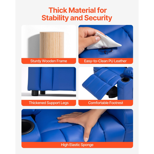 Παιδική Ανακλινόμενη Πολυθρόνα VEVOR, Ανακλινόμενη για Νήπια με 2 Ποτηροθήκες και 4 Τσέπες, Ρυθμιζόμενη Πλάτη 107° έως 126°, Εύκολος Καθαρισμός από Δερμάτινο Πολυτελές Καναπές με Υποπόδιο, για Αγόρια, Κορίτσια & Παιδιά (Μπλε)