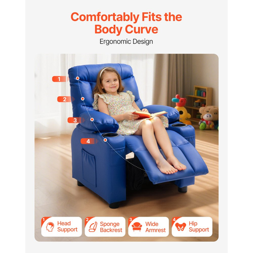 Παιδική Ανακλινόμενη Πολυθρόνα VEVOR, Ανακλινόμενη για Νήπια με 2 Ποτηροθήκες και 4 Τσέπες, Ρυθμιζόμενη Πλάτη 107° έως 126°, Εύκολος Καθαρισμός από Δερμάτινο Πολυτελές Καναπές με Υποπόδιο, για Αγόρια, Κορίτσια & Παιδιά (Μπλε)