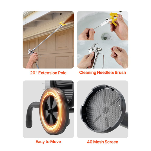 Ψεκαστήρας βαφής χωρίς αέρα VEVOR με διάφραγμα, αποδοτικός ψεκαστήρας βαφής χωρίς αέρα 1800 W με καρότσι, υψηλής πίεσης 3300 psi, με πόλο επέκτασης, βελόνα καθαρισμού και βούρτσα, για ψεκασμό εσωτερικού και εξωτερικού χώρου στο σπίτι