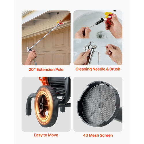 Ψεκαστήρας βαφής χωρίς αέρα VEVOR με διάφραγμα, αποδοτικός ψεκαστήρας βαφής χωρίς αέρα 2000 W με καρότσι, υψηλής πίεσης 3300 psi, με πόλο επέκτασης, βελόνα καθαρισμού και βούρτσα, για ψεκασμό εσωτερικού και εξωτερικού χώρου στο σπίτι