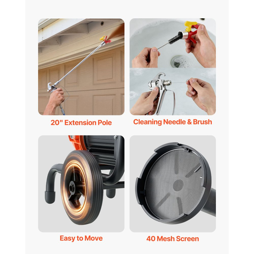 Ψεκαστήρας βαφής χωρίς αέρα VEVOR με διάφραγμα, αποδοτικός ψεκαστήρας βαφής χωρίς αέρα 900 W με καρότσι, υψηλής πίεσης 2200 psi, με πόλο επέκτασης, βελόνα καθαρισμού και βούρτσα, για ψεκασμό εσωτερικού και εξωτερικού χώρου στο σπίτι