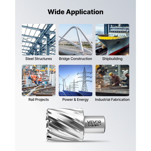 Σετ δακτυλιοειδών κοπτών VEVOR, κιτ 16 τεμαχίων τρυπανιών Weldon Shank Mag, βάθος κοπής 25,4 mm, διάμετρος κοπής 11,11 mm έως 34,92 mm, HSS, 14 τρυπάνια με 2 ακίδες οδηγού, πλαστική θήκη, για μαγνητικά τρυπάνια