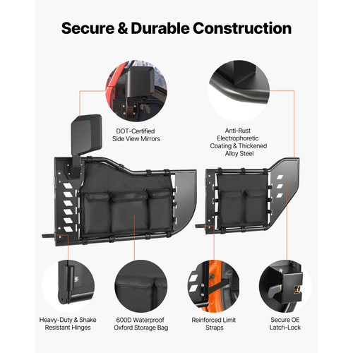 Πόρτες VEVOR Jeep Tube, 4θυρες, συμβατές με Jeep Wrangler JL 2018-2026 & Gladiator JT 2020-2026, Χαλύβδινες μπροστινές και πίσω σωληνωτές ημιθυρίδες Off Road με πιστοποιημένους πλευρικούς καθρέφτες DOT και τσάντα αποθήκευσης.