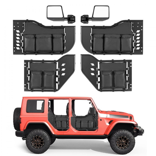 Πόρτες VEVOR Jeep Tube, 4θυρες, συμβατές με Jeep Wrangler JL 2018-2026 & Gladiator JT 2020-2026, Χαλύβδινες μπροστινές και πίσω σωληνωτές ημιθυρίδες Off Road με πιστοποιημένους πλευρικούς καθρέφτες DOT και τσάντα αποθήκευσης.