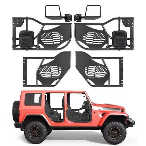 Πόρτες VEVOR Jeep Tube, 4θυρες, κατάλληλες για Jeep Wrangler JL & Gladiator JT 2018-2026, Μοτίβο σημαίας Off Road εμπρός & πίσω σωληνωτές μισές πόρτες με πιστοποιημένους πλευρικούς καθρέφτες DOT και τσάντα αποθήκευσης.