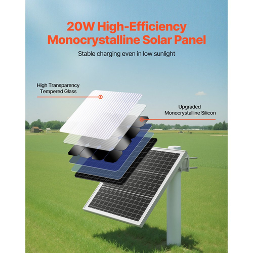 Φορτιστής μπαταρίας ηλιακού πάνελ VEVOR 20W 12V, Συντηρητής ηλιακού φορτιστή μπαταρίας με ενσωματωμένο χειριστήριο και ρυθμιζόμενη βάση στήριξης σε στύλο 0-60°, IP67 για φράχτη πύλης και γκαζόν αγροκτήματος (ταιριάζει σε στύλους 40 - 80mm)