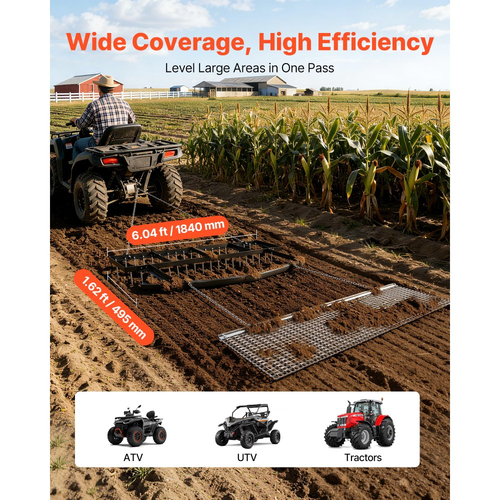 Σβάρνα VEVOR Drag Harrow, 6 ft Towbehind Driveway με Αλυσίδα, Ρυθμιζόμενο Πλάτος & Χωρητικότητα 80 Lbs, Βαρέως Τύπου Τσουγκράνα Ισοπέδωσης Γκαζόν, Ταιριάζει σε ATV, UTV και Τρακτέρ, για Χωματόδρομο