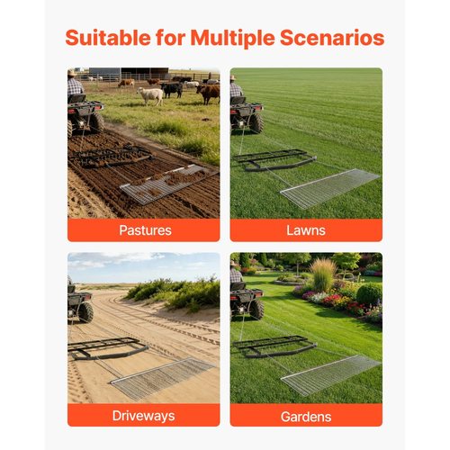 Σβάρνα VEVOR Drag Harrow, 6 ft Towbehind Driveway με Αλυσίδα, Ρυθμιζόμενο Πλάτος & Χωρητικότητα 80 Lbs, Βαρέως Τύπου Τσουγκράνα Ισοπέδωσης Γκαζόν, Ταιριάζει σε ATV, UTV και Τρακτέρ, για Χωματόδρομο