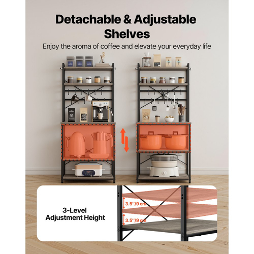 Ράφι αρτοποιίας VEVOR Kitchen Bakers, Πλάτος 600 mm, Βάση κουζίνας με ράβδο στήριξης σε σχήμα Χ, 12 γάντζοι σε σχήμα S, Διπλό επάνω ράφι, Βάση καφέ για πιάτα και μπολ, Μπουκάλια μπαχαρικών