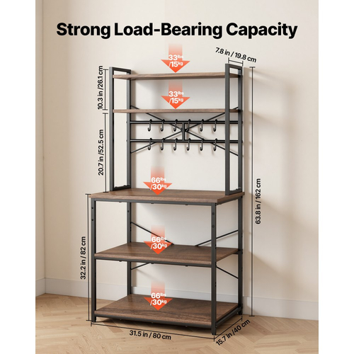 Ράφι αρτοποιίας VEVOR Kitchen Bakers, Πλάτος 800 mm, Βάση κουζίνας με ράβδο στήριξης σε σχήμα Χ, 12 γάντζοι σε σχήμα S, Διπλό επάνω ράφι, Βάση καφέ μπαρ για πιάτα και μπολ, Μπουκάλια μπαχαρικών