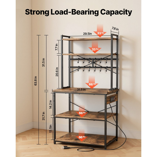 Ράφι αρτοποιίας κουζίνας VEVOR, Καλώδιο τροφοδοσίας 1,5m Ράφι αρτοποιίας με πρίζα, Βάση κουζίνας με ράβδο στήριξης σε σχήμα Χ, 12 γάντζοι σε σχήμα S, Βάση καφετιέρας για πιάτα, Μπουκάλια μπαχαρικών, Ενσωματωμένο πολύπριζο