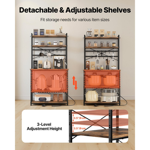 Ράφι αρτοποιίας κουζίνας VEVOR, Καλώδιο τροφοδοσίας 1,5m Ράφι αρτοποιίας με πρίζα, Βάση κουζίνας με ράβδο στήριξης σε σχήμα Χ, 12 γάντζοι σε σχήμα S, Βάση καφετιέρας για πιάτα, Μπουκάλια μπαχαρικών, Ενσωματωμένο πολύπριζο