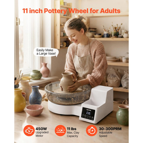 Τροχός κεραμικής VEVOR για ενήλικες, περιστρεφόμενος δίσκος αλουμινίου 28 cm, ηλεκτρικός επιτραπέζιος τροχός κεραμικής 450W με πεντάλ ποδιού, ρυθμιζόμενη ταχύτητα 30-300 σ.α.λ., αποσπώμενος νιπτήρας, για αρχάριους, χειροτεχνία από πηλό DIY, λευκό