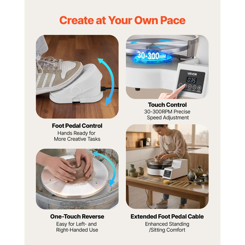 Τροχός κεραμικής VEVOR για ενήλικες, περιστρεφόμενος δίσκος αλουμινίου 28 cm, ηλεκτρικός επιτραπέζιος τροχός κεραμικής 450W με πεντάλ ποδιού, ρυθμιζόμενη ταχύτητα 30-300 σ.α.λ., αποσπώμενος νιπτήρας, για αρχάριους, χειροτεχνία από πηλό DIY, λευκό