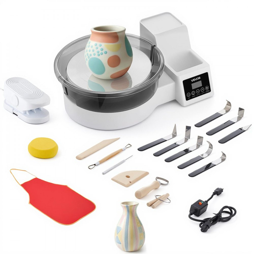 Τροχός κεραμικής VEVOR για ενήλικες, περιστρεφόμενος δίσκος αλουμινίου 28 cm, ηλεκτρικός επιτραπέζιος τροχός κεραμικής 450W με πεντάλ ποδιού, ρυθμιζόμενη ταχύτητα 30-300 σ.α.λ., αποσπώμενος νιπτήρας, για αρχάριους, χειροτεχνία από πηλό DIY, λευκό