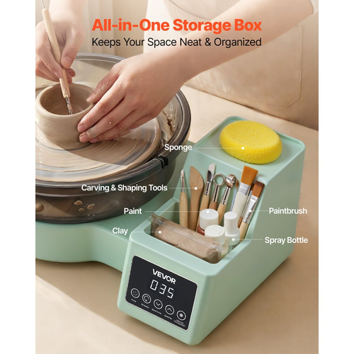 Τροχός κεραμικής VEVOR για ενήλικες, περιστρεφόμενος δίσκος αλουμινίου 28 cm, ηλεκτρικός επιτραπέζιος τροχός κεραμικής 450W με πεντάλ ποδιού, ρυθμιζόμενη ταχύτητα 30-300 σ.α.λ., αποσπώμενος νιπτήρας, για αρχάριους, χειροτεχνία από πηλό DIY, πράσινο