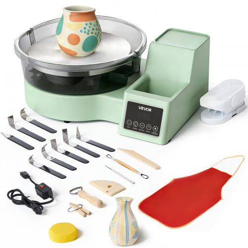 Τροχός κεραμικής VEVOR για ενήλικες, περιστρεφόμενος δίσκος αλουμινίου 28 cm, ηλεκτρικός επιτραπέζιος τροχός κεραμικής 450W με πεντάλ ποδιού, ρυθμιζόμενη ταχύτητα 30-300 σ.α.λ., αποσπώμενος νιπτήρας, για αρχάριους, χειροτεχνία από πηλό DIY, πράσινο