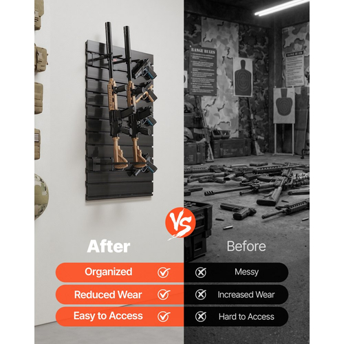 Βάση όπλων VEVOR, επιτοίχια τοποθέτηση, αποθήκευση τακτικού όπλου κυνηγετικού όπλου, βαρέως τύπου πάνελ PVC και ατσάλινες επιτοίχιες βάσεις, χωράει με ασφάλεια έως και 2 τουφέκια και 4 πιστόλια, αρθρωτή θήκη οργάνωσης αξεσουάρ εξοπλισμού όπλων