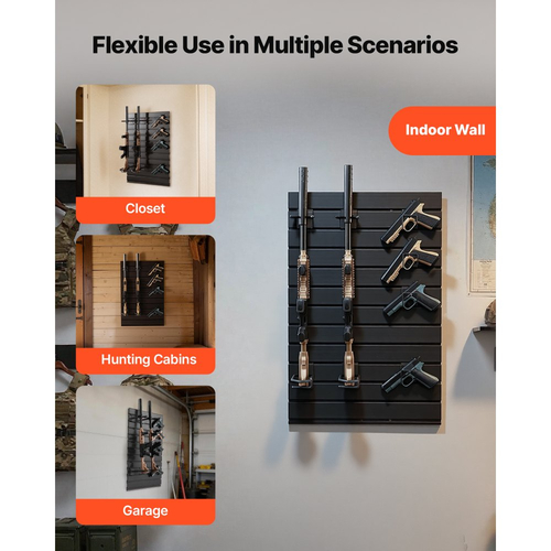 Βάση όπλων VEVOR, επιτοίχια τοποθέτηση, αποθήκευση τακτικού όπλου κυνηγετικού όπλου, βαρέως τύπου πάνελ PVC και ατσάλινες επιτοίχιες βάσεις, χωράει με ασφάλεια έως και 2 τουφέκια και 4 πιστόλια, αρθρωτή θήκη οργάνωσης αξεσουάρ εξοπλισμού όπλων