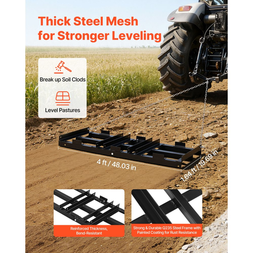 Σβάρνα VEVOR Drag Harrow, 122 x 50 cm, Ισοπεδωτής δρόμου με ρυθμιζόμενο πλάτος και χωρητικότητα φορτίου 50 λίβρες, Βαρέως τύπου τσουγκράνα ισοπέδωσης γκαζόν, Φρένο δρόμου με γαλβανισμένο χαλίκι, Κατάλληλο για ATV, UTV, τρακτέρ