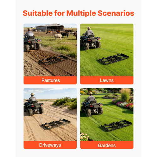 Σβάρνα VEVOR Drag Harrow, 122 x 50 cm, Ισοπεδωτής δρόμου με ρυθμιζόμενο πλάτος και χωρητικότητα φορτίου 50 λίβρες, Βαρέως τύπου τσουγκράνα ισοπέδωσης γκαζόν, Φρένο δρόμου με γαλβανισμένο χαλίκι, Κατάλληλο για ATV, UTV, τρακτέρ