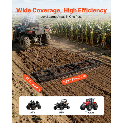 Σβάρνα VEVOR Drag Harrow, 243x50 cm, Ισοπεδωτής δρόμου με ρυθμιζόμενο πλάτος και χωρητικότητα φορτίου 50 λίβρες, Ισοπεδωτική τσουγκράνα βαρέως τύπου, Φρένο δρόμου με χαλίκι από γαλβανισμένο χάλυβα, Κατάλληλο για ATV, UTV και τρακτέρ
