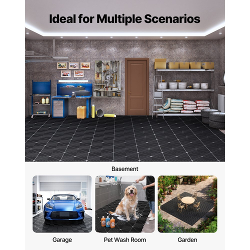 Πατάκια Αποστράγγισης VEVOR με Αλληλοσύνδεση, 310 x 310 mm, Πλακάκια Δαπέδου Γκαράζ με Αρθρωτά Πλακάκια Δαπέδου Αποστράγγισης PP, Αυτοαποστραγγιζόμενα, Εύκολη Εγκατάσταση, για Μπάνιο, Κουζίνα, Πισίνα & Εξωτερικούς Χώρους, Μαύρο, Συσκευασία των 50 τεμαχίων