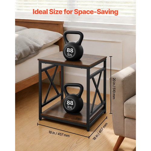 Τραπεζάκι σαλονιού VEVOR, τετράγωνο βοηθητικό τραπέζι 2 επιπέδων με ανοιχτά ράφια αποθήκευσης, μοντέρνο κομοδίνο με μεταλλικό σκελετό X-Design, ξύλινος καναπές-καφέ για σαλόνι, υπνοδωμάτιο, γραφείο, κοιτώνα, καφέ