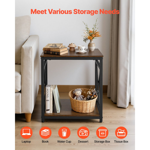Τραπεζάκι σαλονιού VEVOR, τετράγωνο βοηθητικό τραπέζι 2 επιπέδων με ανοιχτά ράφια αποθήκευσης, μοντέρνο κομοδίνο με μεταλλικό σκελετό X-Design, ξύλινος καναπές-καφέ για σαλόνι, υπνοδωμάτιο, γραφείο, κοιτώνα, καφέ