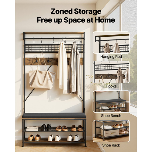 Δέντρο VEVOR Hall, Ράφι Παλτών 1830 mm με Πάγκο Παπουτσιών, Οργανωτής Αποθήκευσης Ραφιών Παπουτσιών 2 Επιπέδων με Γάντζους, Ράβδο Κρέμασης και Συρμάτινο Ράφι, Θήκη Παλτών Εισόδου με Ατσάλινο Πλαίσιο για Είσοδο, Υπνοδωμάτιο, Ντουλάπα