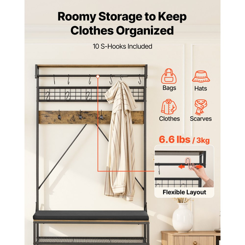 Δέντρο VEVOR Hall, Ράφι Παλτών 1830 mm με Πάγκο Παπουτσιών, Οργανωτής Αποθήκευσης Ραφιών Παπουτσιών 2 Επιπέδων με Γάντζους, Ράβδο Κρέμασης και Συρμάτινο Ράφι, Θήκη Παλτών Εισόδου με Ατσάλινο Πλαίσιο για Είσοδο, Υπνοδωμάτιο, Ντουλάπα