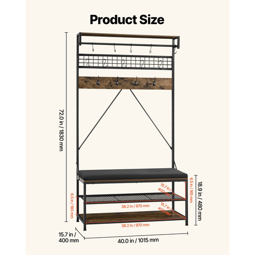 Δέντρο VEVOR Hall, Ράφι Παλτών 1830 mm με Πάγκο Παπουτσιών, Οργανωτής Αποθήκευσης Ραφιών Παπουτσιών 2 Επιπέδων με Γάντζους, Ράβδο Κρέμασης και Συρμάτινο Ράφι, Θήκη Παλτών Εισόδου με Ατσάλινο Πλαίσιο για Είσοδο, Υπνοδωμάτιο, Ντουλάπα