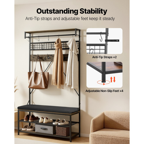 Δέντρο VEVOR Hall, Ράφι Παλτών 1830 mm με Πάγκο Παπουτσιών, Οργανωτής Αποθήκευσης Ραφιών Παπουτσιών 2 Επιπέδων με Γάντζους, Ράβδο Κρέμασης και Συρμάτινο Ράφι, Θήκη Παλτών Εισόδου με Ατσάλινο Πλαίσιο για Είσοδο, Υπνοδωμάτιο, Ντουλάπα