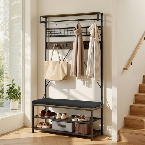 Δέντρο VEVOR Hall, Ράφι Παλτών 1830 mm με Πάγκο Παπουτσιών, Οργανωτής Αποθήκευσης Ραφιών Παπουτσιών 2 Επιπέδων με Γάντζους, Ράβδο Κρέμασης και Συρμάτινο Ράφι, Θήκη Παλτών Εισόδου με Ατσάλινο Πλαίσιο για Είσοδο, Υπνοδωμάτιο, Ντουλάπα