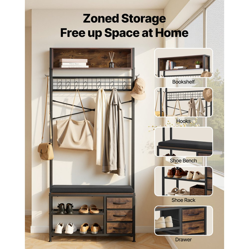 VEVOR Hall Tree, Ράφι Παλτών 1800 mm με Πάγκο Παπουτσιών & 3 Συρτάρια, Ανεξάρτητος Οργανωτής Παπουτσιών 3 σε 1 με Βιβλιοθήκη & Συρμάτινο Ράφι, Θήκη Παλτών Εισόδου από Ατσάλι για Είσοδο, Υπνοδωμάτιο, Ντουλάπα