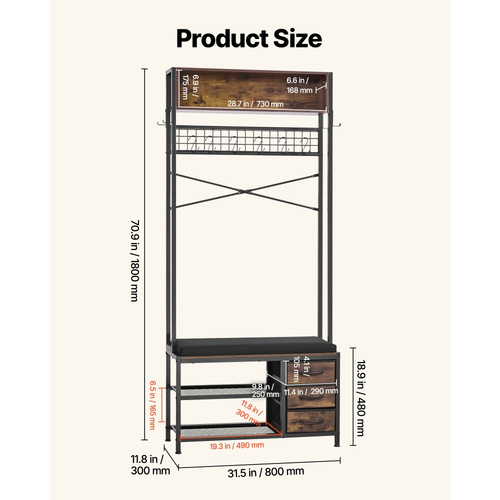 VEVOR Hall Tree, Ράφι Παλτών 1800 mm με Πάγκο Παπουτσιών & 3 Συρτάρια, Ανεξάρτητος Οργανωτής Παπουτσιών 3 σε 1 με Βιβλιοθήκη & Συρμάτινο Ράφι, Θήκη Παλτών Εισόδου από Ατσάλι για Είσοδο, Υπνοδωμάτιο, Ντουλάπα
