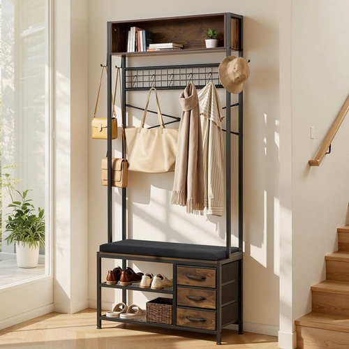VEVOR Hall Tree, Ράφι Παλτών 1800 mm με Πάγκο Παπουτσιών & 3 Συρτάρια, Ανεξάρτητος Οργανωτής Παπουτσιών 3 σε 1 με Βιβλιοθήκη & Συρμάτινο Ράφι, Θήκη Παλτών Εισόδου από Ατσάλι για Είσοδο, Υπνοδωμάτιο, Ντουλάπα