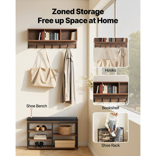 VEVOR Ράφι Παλτών με Πάγκο Παπουτσιών, Σετ Ραφιών Παλτών 3 σε 1 με Γάντζους και Βιβλιοθήκη, Θήκη Οργανωτή Αποθήκευσης για Είσοδο σε Δέντρο από Ατσάλι, Υπνοδωμάτιο, Ντουλάπα, Γραφείο, Ρουστίκ Καφέ