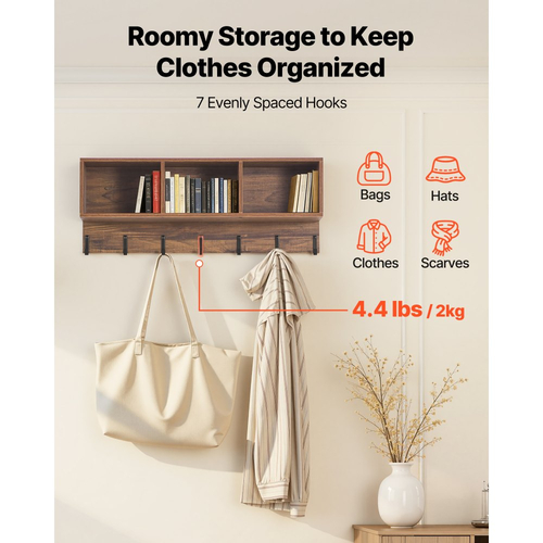 VEVOR Ράφι Παλτών με Πάγκο Παπουτσιών, Σετ Ραφιών Παλτών 3 σε 1 με Γάντζους και Βιβλιοθήκη, Θήκη Οργανωτή Αποθήκευσης για Είσοδο σε Δέντρο από Ατσάλι, Υπνοδωμάτιο, Ντουλάπα, Γραφείο, Ρουστίκ Καφέ