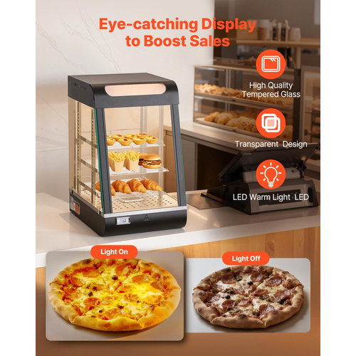 Θερμαντήρας φαγητού VEVOR 3 επιπέδων, θερμαντήρας φαγητού 800W με φως LED, αποθηκευτικό χώρο στο πάνω μέρος και ρυθμιζόμενα ράφια, θέρμανση με ατμό 30–85°C, 60 Qt /57L για χάμπουργκερ, πίτσα, ψωμί, τηγανητό κοτόπουλο