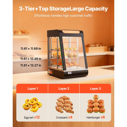 Θερμαντήρας φαγητού VEVOR 3 επιπέδων, θερμαντήρας φαγητού 800W με φως LED, αποθηκευτικό χώρο στο πάνω μέρος και ρυθμιζόμενα ράφια, θέρμανση με ατμό 30–85°C, 60 Qt /57L για χάμπουργκερ, πίτσα, ψωμί, τηγανητό κοτόπουλο