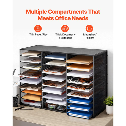 Οργανωτής Λογοτεχνίας VEVOR, Μεταλλικό Γραμματοκιβώτιο Γραφείου 27 Διαμερισμάτων με Αποσπώμενο Συρματόπλεγμα, Ταξινομητής Γραμματοκιβωτίων με Ξύλινη Επιφάνεια, Οργανωτής Αποθήκευσης Γραφείου σε Πάγκο για Αρχεία, Έγγραφα, Χαρτί, Μαύρο