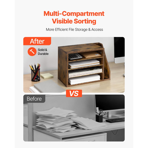 Οργανωτής Βιβλίων VEVOR, Γραμματοκιβώτιο Γραφείου 4 Διαμερισμάτων με Αποσπώμενα Ράφια, Ξύλινος Ταξινομητής Γραμματοκιβωτίων με Πλαϊνή Κάθετη Αποθήκευση, Οργανωτής Γραφείου για Αρχεία, Έγγραφα, Χαρτί, Καφέ