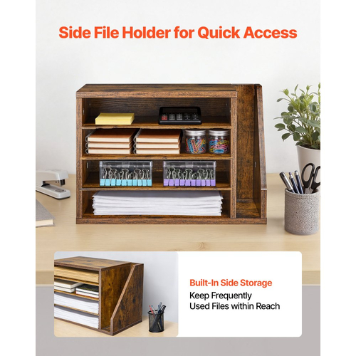 Οργανωτής Βιβλίων VEVOR, Γραμματοκιβώτιο Γραφείου 4 Διαμερισμάτων με Αποσπώμενα Ράφια, Ξύλινος Ταξινομητής Γραμματοκιβωτίων με Πλαϊνή Κάθετη Αποθήκευση, Οργανωτής Γραφείου για Αρχεία, Έγγραφα, Χαρτί, Καφέ