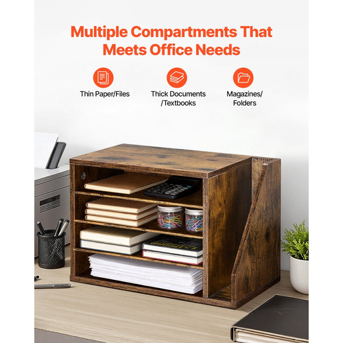 Οργανωτής Βιβλίων VEVOR, Γραμματοκιβώτιο Γραφείου 4 Διαμερισμάτων με Αποσπώμενα Ράφια, Ξύλινος Ταξινομητής Γραμματοκιβωτίων με Πλαϊνή Κάθετη Αποθήκευση, Οργανωτής Γραφείου για Αρχεία, Έγγραφα, Χαρτί, Καφέ