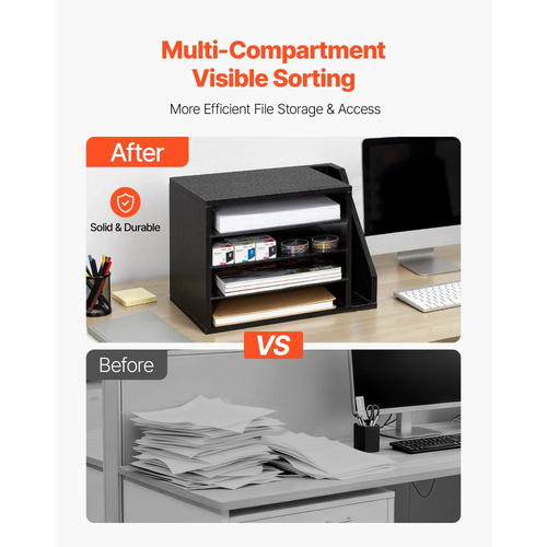 Οργανωτής Βιβλίων VEVOR, Γραμματοκιβώτιο Γραφείου 4 Διαμερισμάτων με Αποσπώμενα Ράφια, Ξύλινος Ταξινομητής Γραμματοκιβωτίων με Πλαϊνή Κάθετη Αποθήκευση, Οργανωτής Γραφείου για Αρχεία, Έγγραφα, Χαρτί, Μαύρο